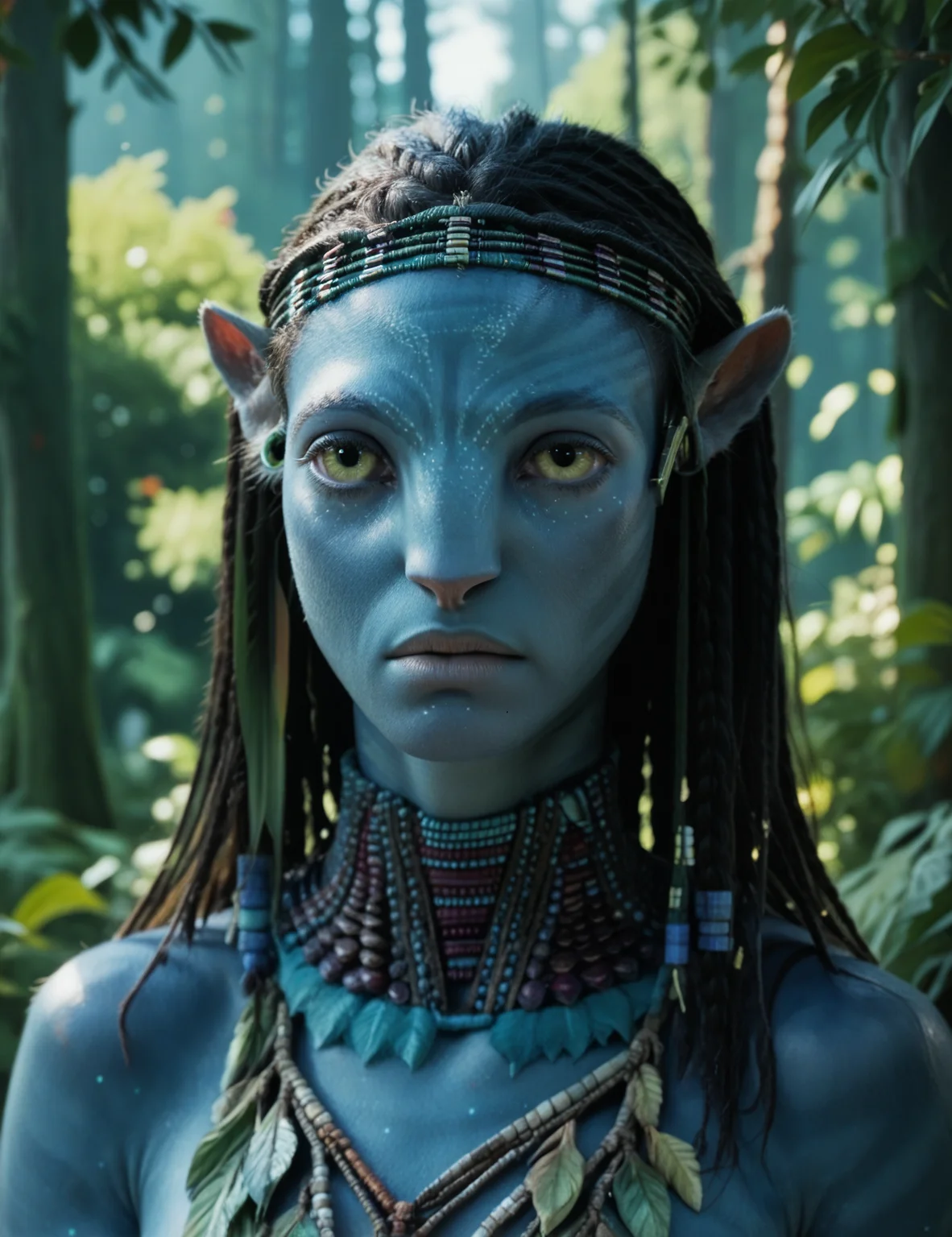 portrait, 1girl, looking at the viewer, headwear jewelry, forest background<lora:Neytiri:1> neytiri, score_9, score_8_up, score_7_up, score_6_up