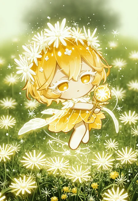 masterpiece,best quality,amazing quality,
colored eyelashes,white eyelashes,
flowy, yellow and green clothing, hair adorned with dandelion flowers and feathers, flower-themed accessories, gentle pose, solo, full body, sunny, meadow background, (nature theme:1.1), (floral theme:1.1), holding a delicate, crystal-tipped wand with a dandelion flower at the tip, surrounded by an aura of growth and renewal, with a few dandelion seeds floating around them, and a soft, ethereal glow emanating from their hands as they summon and control the flowers
crk1styl111,<lora:lycoris:1>,(chibi:1.4),