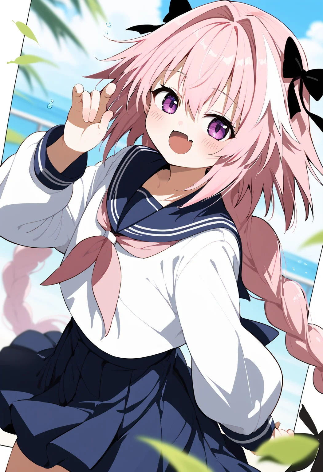 score_9, score_8_up, score_7_up, source_anime BREAK astolfo \(fate\), 1boy, male focus, serafuku, otoko no ko, solo, hair bow, black bow, hair intakes, open mouth, ribbon, blush, hand up, pink neckerchief, braid, pleated skirt, neckerchief, pink bow, hair between eyes, skin fang, pink hair, bow, long sleeves, purple eyes, cowboy shot, long hair, red sailor collar, single braid, smile, school uniform, sailor collar, fang, skirt, blue skirt, shirt, very long hair, :d, white shirt, black ribbon, looking at viewer
<lora:Siro9_pony:1>