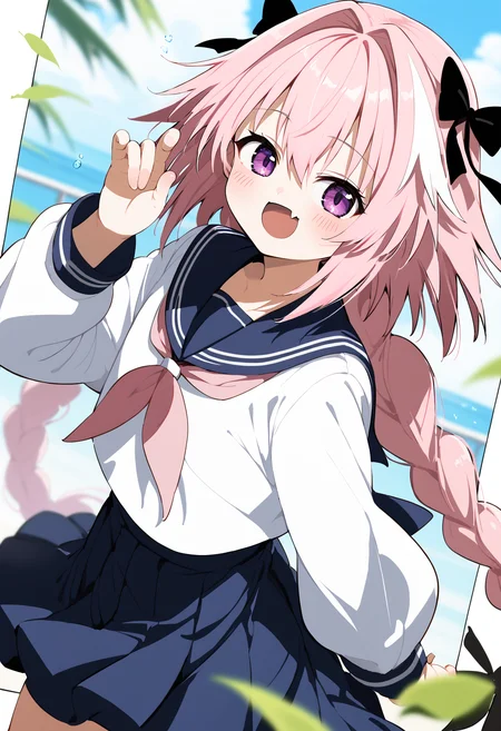 score_9, score_8_up, score_7_up, source_anime BREAK astolfo \(fate\), 1boy, male focus, serafuku, otoko no ko, solo, hair bow, black bow, hair intakes, open mouth, ribbon, blush, hand up, pink neckerchief, braid, pleated skirt, neckerchief, pink bow, hair between eyes, skin fang, pink hair, bow, long sleeves, purple eyes, cowboy shot, long hair, red sailor collar, single braid, smile, school uniform, sailor collar, fang, skirt, blue skirt, shirt, very long hair, :d, white shirt, black ribbon, looking at viewer
<lora:Siro9_pony:1>