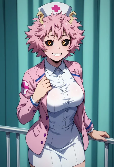 score_9, score_8_up, score_8_up, layering, 1girl, slimes_minaashido, smiling, love, solo, makeup above eyes, black lips, nurse uniform, blazer, cardigan, skirt, exposed, soft breast, slender body, ultra detailed, smooth skin texture, alluring curves, tasteful sensuality, softcore