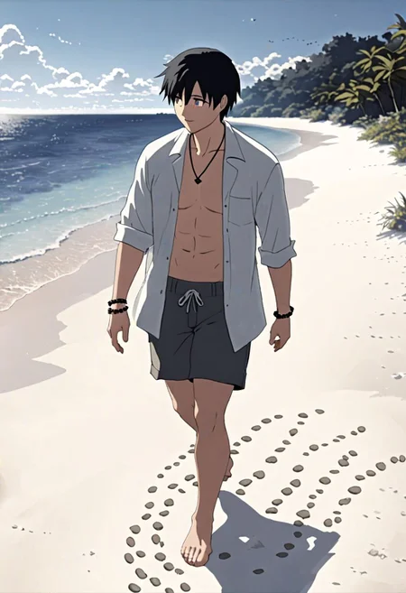 Highres, Masterpiece, High Quality, 4K, 8K, solo, 1Boy, Takaki Toono, adult, black hair, short hair, beach, calm, white sand, small coral, pebbles, clear sky, quiet, peaceful, walking, candid, breeze, footprints, happy, open shirt, shorts, sixpack, necklace, bracelet, easynegative, detailed_eye_model