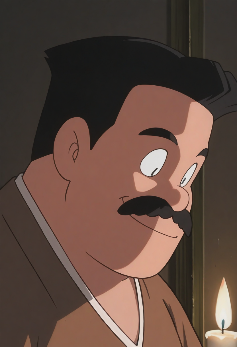 1boy, close-up, smile, indoors, looking down, manly, <lora:dark:1> candlelight, night,
BREAK
nobirunobi, old man, mustache, black eyes, black hair, retro artstyle, dot pupils, plump, 1990s \(style\),
BREAK
best quality, masterpiece, very aesthetic, absurdres, highest detailed, very awa,  <lora:Nobiru_Nobi_from_late_Doraemon_oyama_edition_v1.0:1>