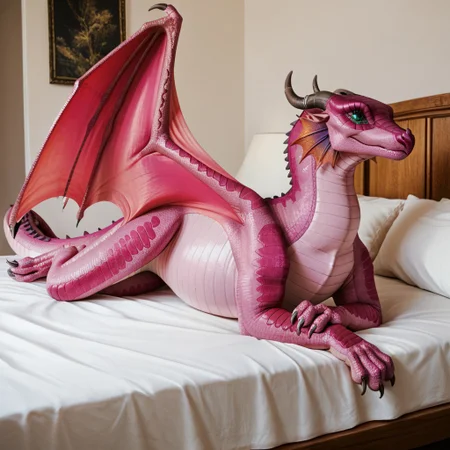 score_9, score_8_up, score_7_up, score_6_up, score_5_up, score_4_up, masterpiece, high quality, realistic, detailed, best quality, white bed, solo, rating_safe, source_furry, bedroom, smiling, seductive, looking at viewer, lying on belly, full body, detailed eyes, Rainwing, dragon, ear ruffs, head fins, scales, horns, claws, wings, tail, detailed eyes, Magnificent_wof, pink scales, female, 1girl, green eyes