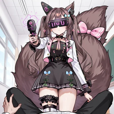 highres, masterpiece, best quality, very aesthetic, absurdres, (1girl),1boy, chigusa hana, virtual youtuber, long hair, brown hair, twintails, animal ears, , hair ornament, cropped jacket, long sleeves, white jacket, collar, flower, black dress, pleated skirt, large tail, bridal garter, striped, single thighhigh, asymmetrical legwear, tail bow empty eyes, expressionless, school, classroom, looking at viewer, (memetic_control), pov_sub, (hypnotized_hypnotist),, (hypnotized_dom), (enemy_conversion), resisting, zzkovisor,hypnotic visor,,, femdom, stepped_on,male sub, ray gun, aiming_at_viewer, (hypnotic_beam), (hypnotic_accessory)(kronobas28,),