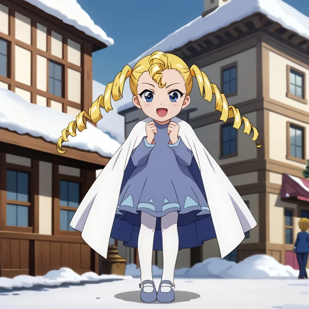 score_9, score_8_up, score_7_up BREAK Alkanet, 1girl, blonde hair, blue eyes, drill pigtails, long-sleeved blue dress, white tights, blue mary-jane shoes, white cape, female, female focus, screenshot, official art, parody, anime footage, official design, screencap, anime screenshot, official screenshot, 2d, anime, source_anime, solo, solo focus, happy, excited, cute, snowy city outdoors, snow city background, beautiful scenery,