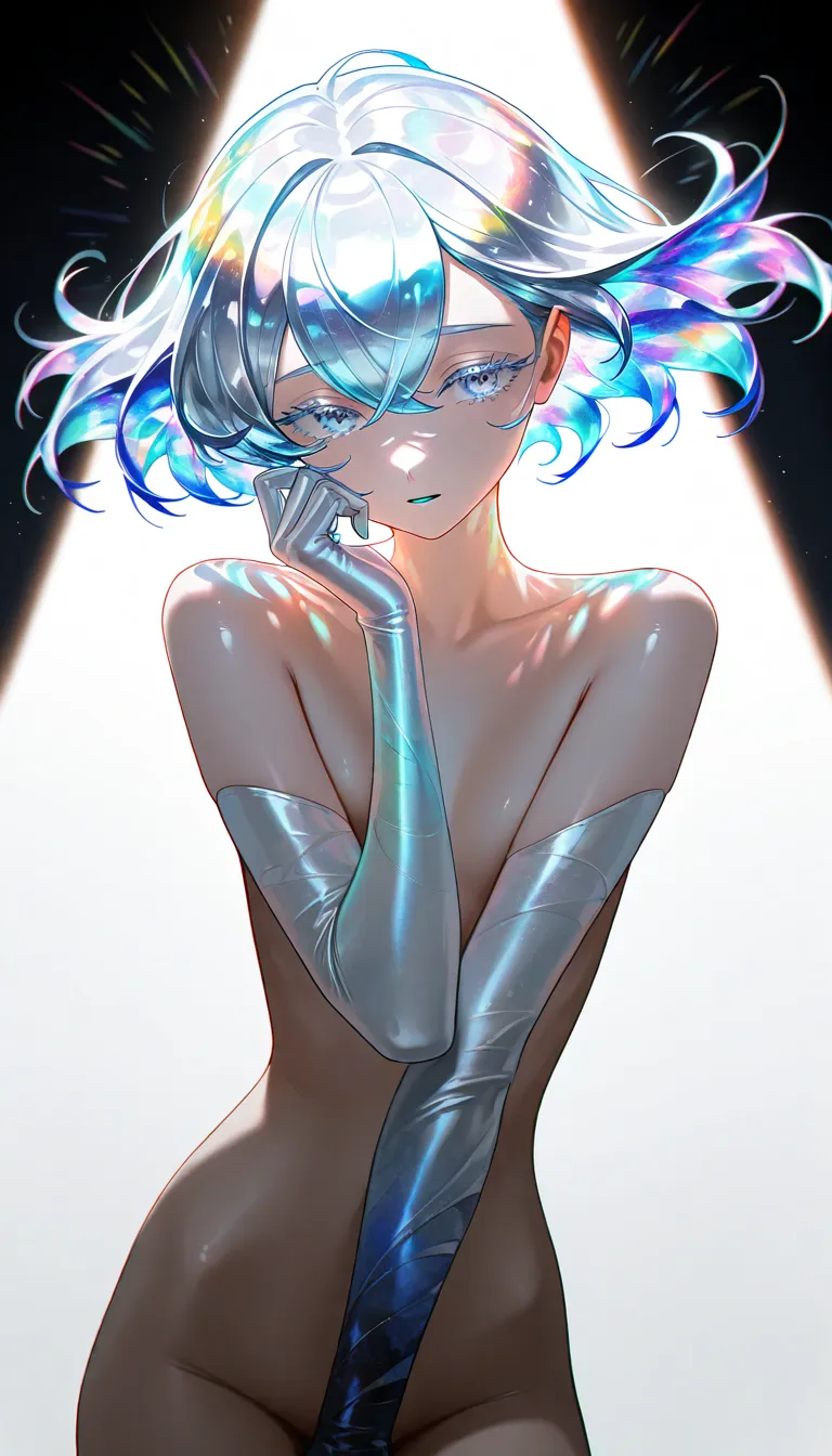 (masterpiece, best quality), amazing quality, very aesthetic, absurdres, highres, newest, HDR, 8K, high detail RAW color art, intricate details, high contrast, detailed background, beautiful detailed, beautiful face, blight face, large pupil, eyelashes, brilliant skin, shiny ski
1girl, solo, diamond \(houseki no kuni\), nude, naked, spotlight and shadow, aesthetic, (dark), white and light blue neon underlightling, bloom,