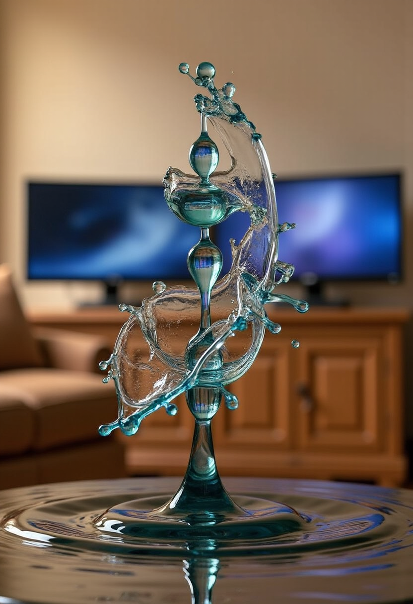 In the shape and style of a yfg-dr0p water drop splash photo of a , A living room with a couch, chair, and two monitors