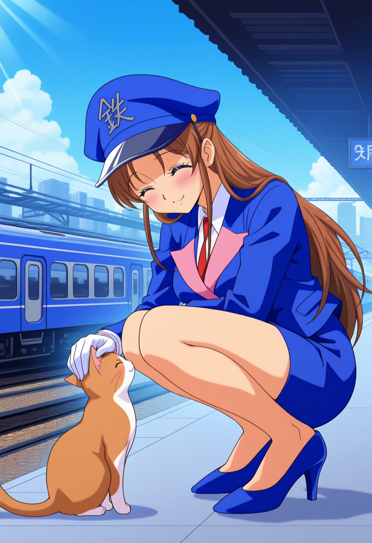 masterpiece, best quality, good quality, <lora:TetsuchanIL:1>, Tetsuchan, 1girl, brown hair, long hair, blue eyes,
peaked cap, blue uniform, red necktie, white gloves, blue pencil skirt,
blue high heels, 
looking down, headpat, cat, smile, blush, ^_^, squatting, 
BREAK blue sky, light rays, train station, cityscape, outdoors, train, cloud,