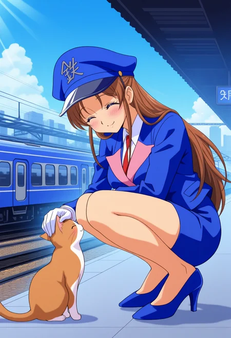 masterpiece, best quality, good quality, <lora:TetsuchanIL:1>, Tetsuchan, 1girl, brown hair, long hair, blue eyes,
peaked cap, blue uniform, red necktie, white gloves, blue pencil skirt,
blue high heels, 
looking down, headpat, cat, smile, blush, ^_^, squatting, 
BREAK blue sky, light rays, train station, cityscape, outdoors, train, cloud,