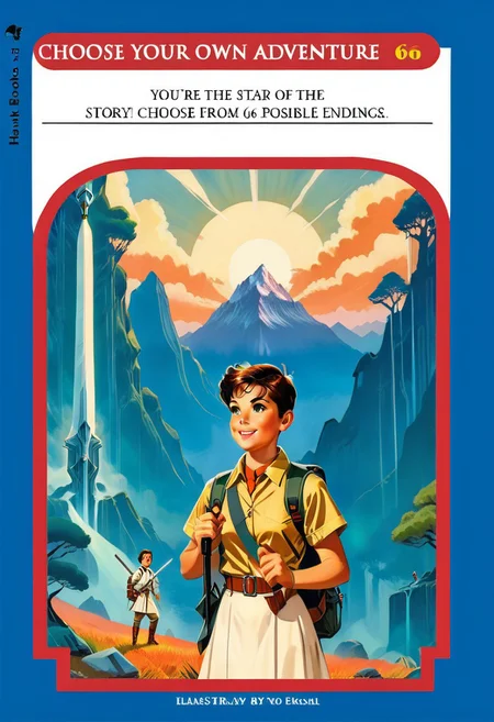 necktie, retro artstyle, tree, science fiction, holding sword, choose your own adventure, smile, backpack, mountain, 1girl, 6+boys