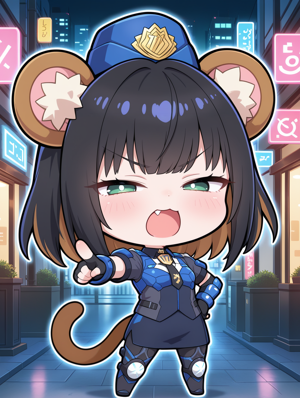 official alternate costume, k9-17 ripper, 1girl, solo, fang, pointing at viewer, , hand on hip, open mouth, v, chibi, v-shaped eyebrows, looking at viewer, blush, half-closed eyes, full body, standing, blue garrison cap, blue fingerless gloves, black vest, black necktie, blue jacket, k9 city,
masterpiece,best quality,amazing quality,very aesthetic,absurdres,newest,<lora:K9-17 Ripper & Izuna illusXL v1.33:0.72>,