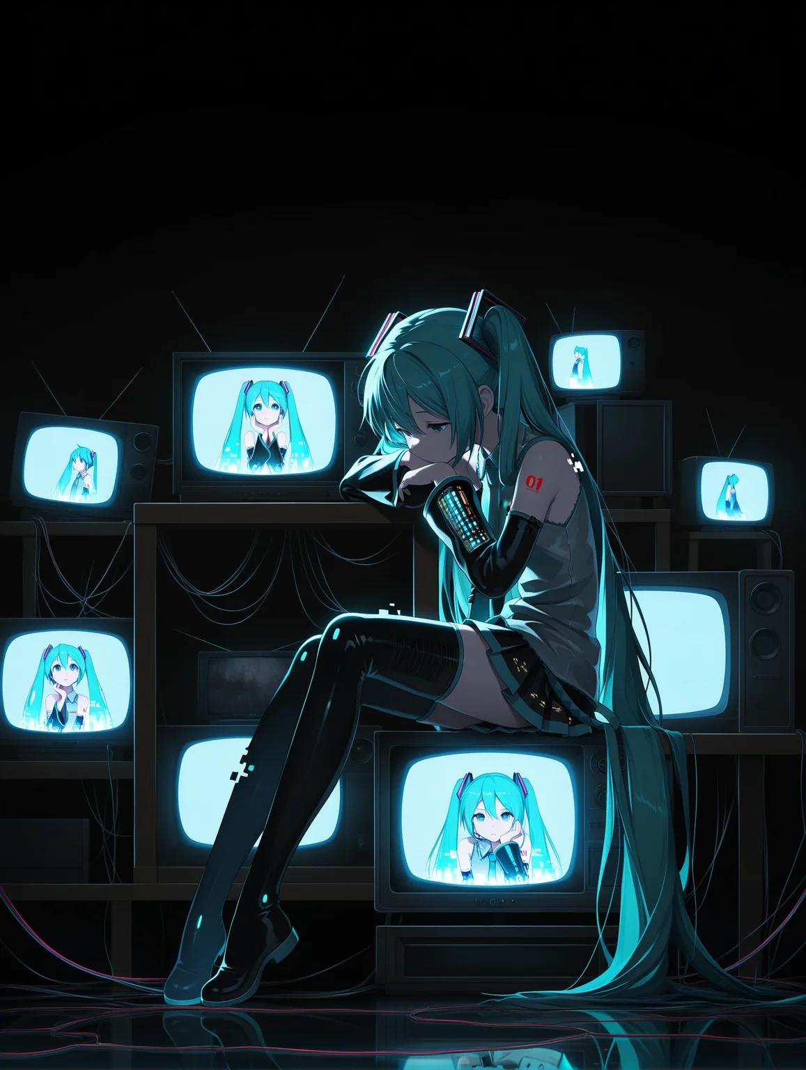 1girl,hatsune miku, sitting,monitor,head rest, television, screen light, glitch,[(digital dissolve,dissolving :1): (digital dissolve,dissolving :1.3):15], sitting on box, dark, night,wire,simple dark background, reflection,
,masterpiece,best quality,amazing quality,