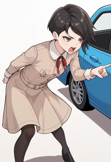 masterpiece, best quality, 1girl, shouting, v-shaped eyebrows, pointing, (chibi:0.5), leaning forward, looking to the side, <lora:YokoSMT-illu:1> yoko, black hair, short hair, asymmetrical hair, brown eyes, brown dress, collared dress, breast pocket, neck ribbon, red ribbon, long sleeves, belt, black pantyhose, loafers, black footwear, car, simple background