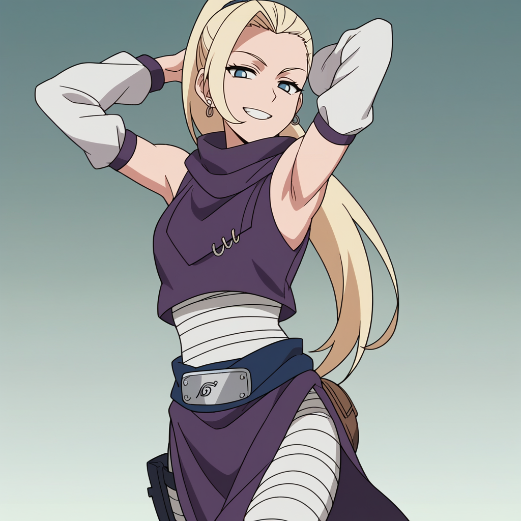 score_9,score_8_up,score_7_up,score_6_up, anime_screencap, <lora:Ino_Genin_Pony-000007:0.8>, inog, 1girl, solo, bandana around waist, pelvic curtain, long hair, ponytail,  blue eyes, blonde hair, earrings, bandaged waist,  detached sleeves, bandaged leg, purple crop top, sleeveless, thigh pouch, scarf, arms behind head, armpits, portrait, close up, half-closed eyes, smile,