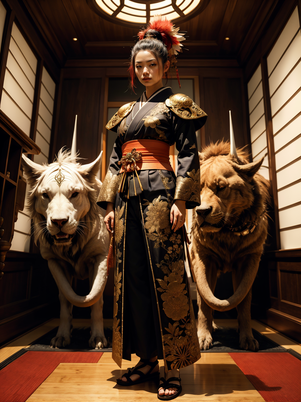 <lora:GPTS6 Hella-sthetic_424353:0.8> (full body shot:1.2) samurai, kunoichi, vantablack, armor, filigree, japanese, long hair, bamboo, bonsai, temple, intricate, elegant, highly detailed, symmetry, magical atmosphere, sharp focus, majestic, very coherent, radiant, advanced, cinematic, artistic, fine detail, winning, beautiful, stunning, dramatic light, designed, rich deep colors, perfect professional background, ambient, tailored set composition