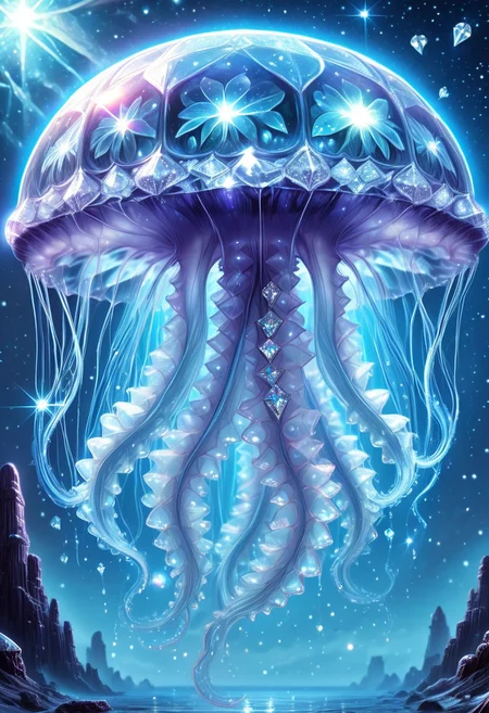 neno, translucent, lazympos, celestial jellyfish,gelatinous body refracting starlight,diamond tendrils drifting in cosmic oceans,alien ruins below,ethereal glow,otherworldly realism,diamondMW,countless diamonds