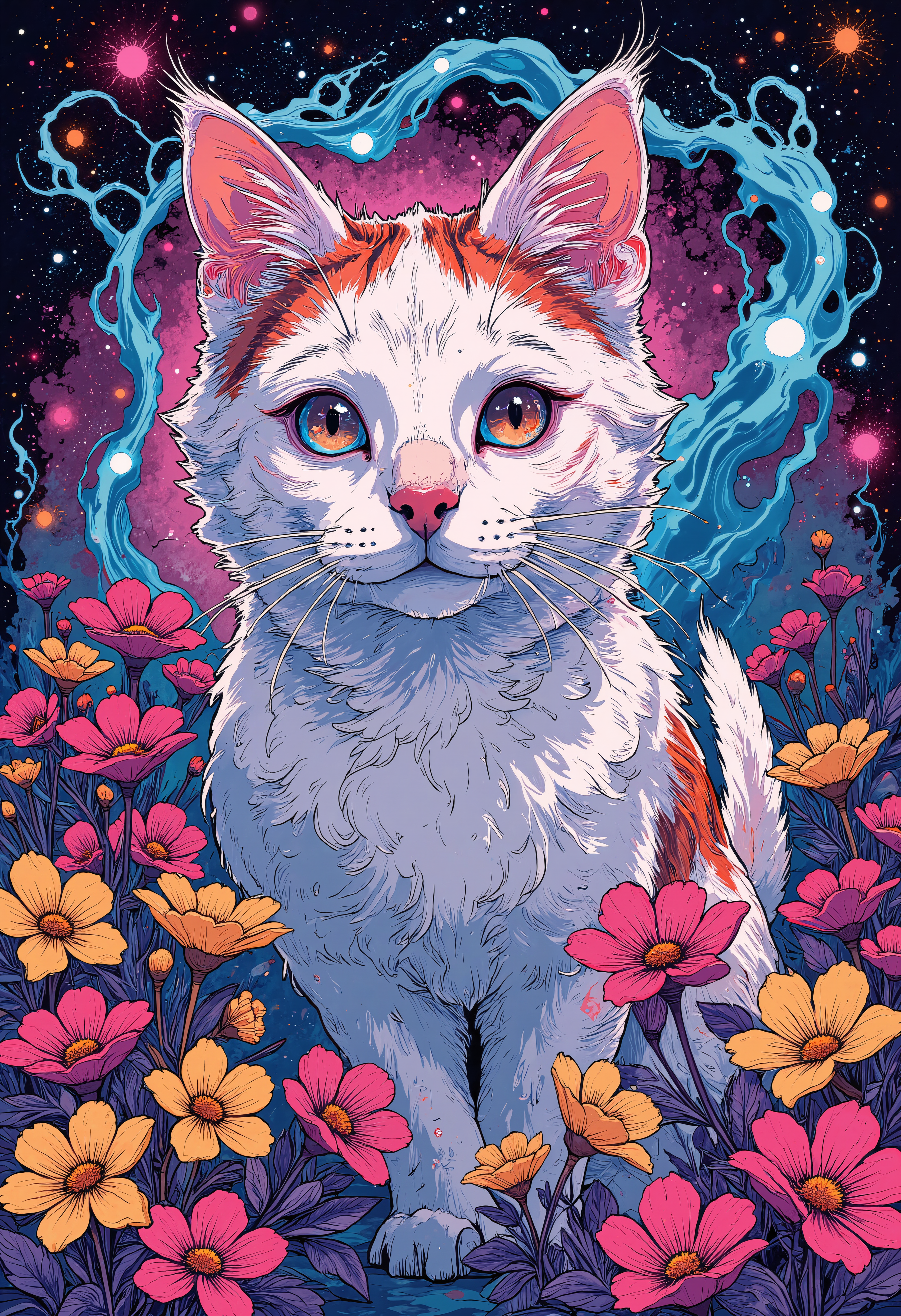 Psychedelic style, lofi portrait of white cat, fluffy, cute, adorable, comics, flowers, waves, portal, Vibrant colors, swirling patterns, abstract forms, surreal, trippy, dark elements, shades