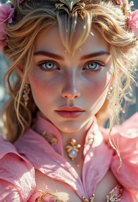 Extreme detailed photorealistic Closeup, best quality, masterpiece, HDR photorealistic image, extremely detailed, great lighting,, Close Up Portrait, Simple color Palette, Hd, very Detailed, awesome Quality, reflecting, luminescent, translucent, Ethereal, Aura, princess Peach, hkstyle angry Peach, light pink revealing clothes, White smoke, light beams through smoke, Bruce Lees iconic posing fighting frame, fists up, underboob, cinematic composition, soft shadows, national geographic style, atmospheric haze, Film grain, cinematic film still, highly detailed,
