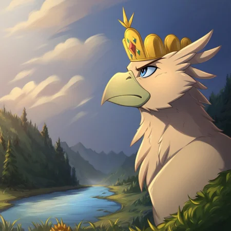 masterpiece, score_9_up, score_8_up, score_7_up, score_6_up, (best quality:1.1), ultra-detailed, high resolution, solo, grover_vi, griffon, feral, avian, beak, male, eyebrows, (big beautiful blue eyes), feathers, feathery ears, determined expression, kaiser crown BREAK full body, standing, expressiveh, highly visible, sharp focus, anatomically correct, expressiveh, highly visible, sharp focus, anatomically correct, detailed background, outside, outdoors, spruce forest in the background, river with a rocky outcrop