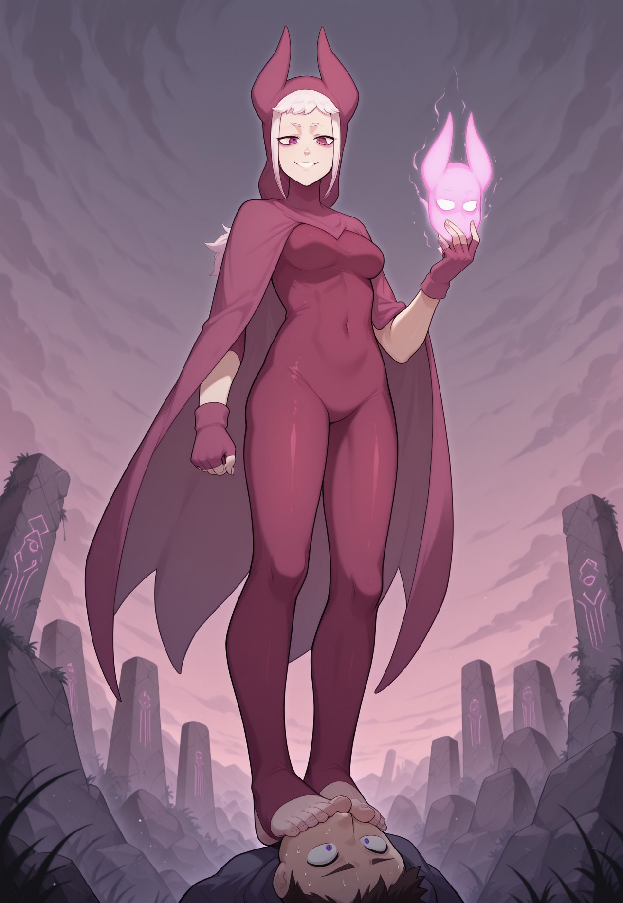 SFGFIL, foot in mouth, newest,, masterpiece, best quality, very aesthetic, HDR, ultra-detailed, anime, 748cmstyle, mythp0rt, femdom, hetero, forced, standing, from below, 
1girl, norawakfu, white hair, (hood), horns, purple eyes, ((mask)), cloak, bodysuit, (fingerless gloves), (toeless legwear), ((medium breasts)), ((ancient temple ruins floating in the sky, mystical energy cracks glowing blue, cloudy twilight sky, giant broken stone structures, hovering platforms, glowing glyphs, overgrown vegetation, otherworldly fantasy world, soft breeze, atmospheric lighting)),  smelly:1.9, sweaty:1.9, steamy feet:1.9, evil smug, skindentation, skinny, rock, sitting on the rock, 
1boy, lying, Foot Sucking