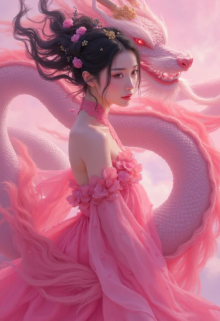 anime - style painting of a woman in a pink dress with a dragon on her back, james jean and fenghua zhong, james jean soft light 4 k, james jean soft light 4k, james jean aesthetic, james jean color palette, james jean artwork, heise-lian yan fang, james jean art, james jean and wlop, by Li Fangying,