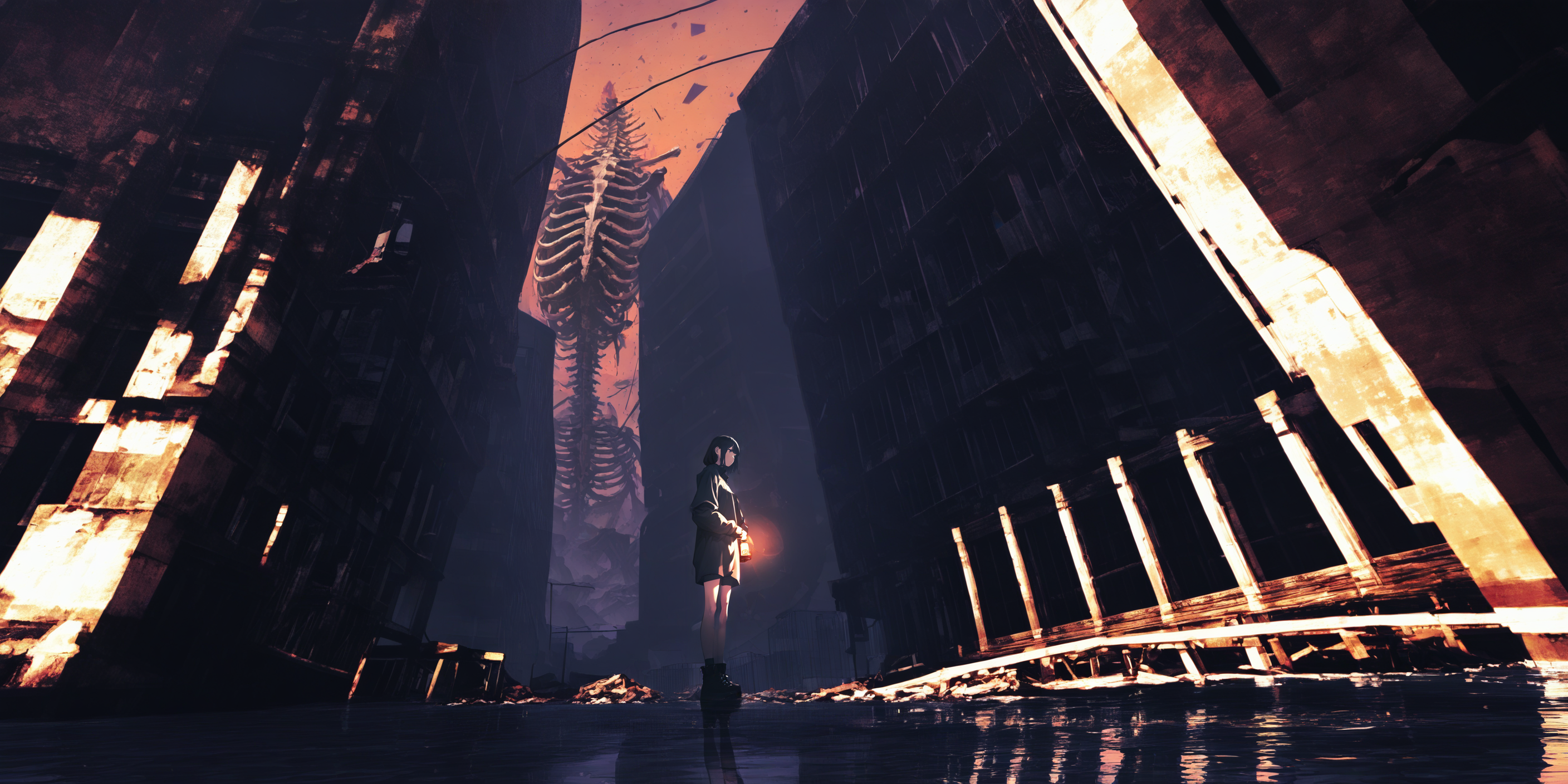 1girl, solo, standing, skeleton, dark, ruins, wide shot, holding, reflection, building, black hair, outdoors <lora:lifelineXL_NB11_lokr_V6311P:0.95>