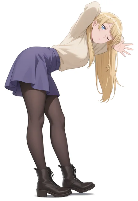 Smooth Quality,masterpiece,very intricate, high quality details, ultra realistic, high detailed skin,
simple background, white background,
from side,;<,waving ,lying, hands behind head, knee bent, relaxed, casual,  ,
<lora:Rembrandt_Sifcnn:0.7> RembrandtSif/cnn, 1girl, solo, long hair, blonde hair, blue eyes,
pantyhose, skirt, black pantyhose,boots, uniform,