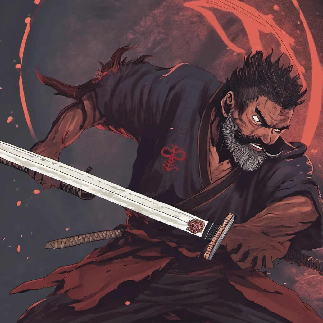 a character with a beard and a katana slicing through a demon <lora:bc:1>