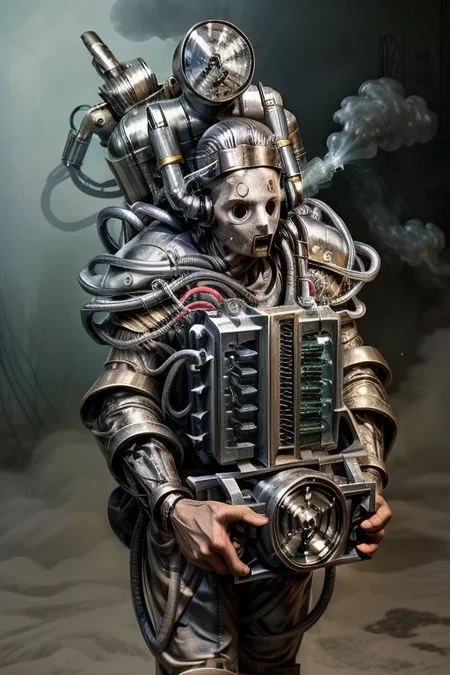 ((masterpiece,best quality)), absurdres, BREAK
mechanical arms, robes, hood, BREAK
((techpriest)), cyborg, mechanical face, mechanical limbs, gas mask, mechanical tentacles, (mechanical backpack), BREAK
1other, solo, holding pistol, firearm, handgun, pistol, gun, BREAK
factory background, smoggy sky, air pollution, smokestacks, BREAK
(mndsncybrmn)