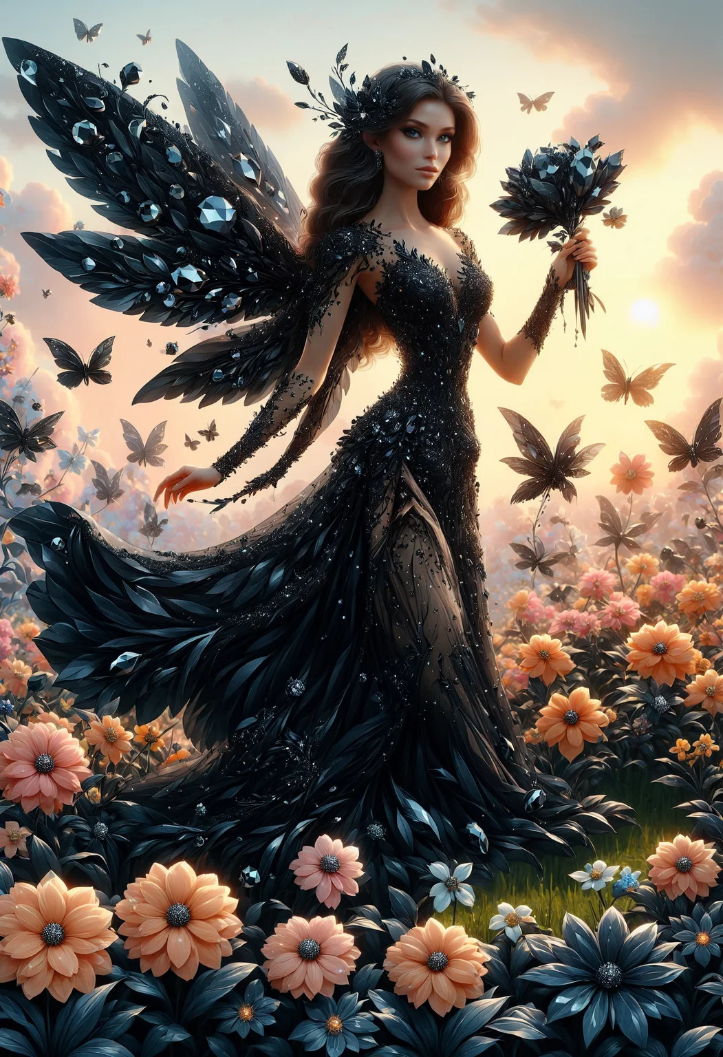 A beautiful field of black diamonds flowers with a beautiful sunset, a pretty fairy with glittering wings, detailed, artistic, extremely rich detail, perfect composition, great composition, beautiful detailed supreme quality color intricate, made out of black diamonds, <lora:PinkieBlckDmndsSDXL-v1:1>, p1nkblackd1am0nds, <lora:clearHandExtract:0.8>,