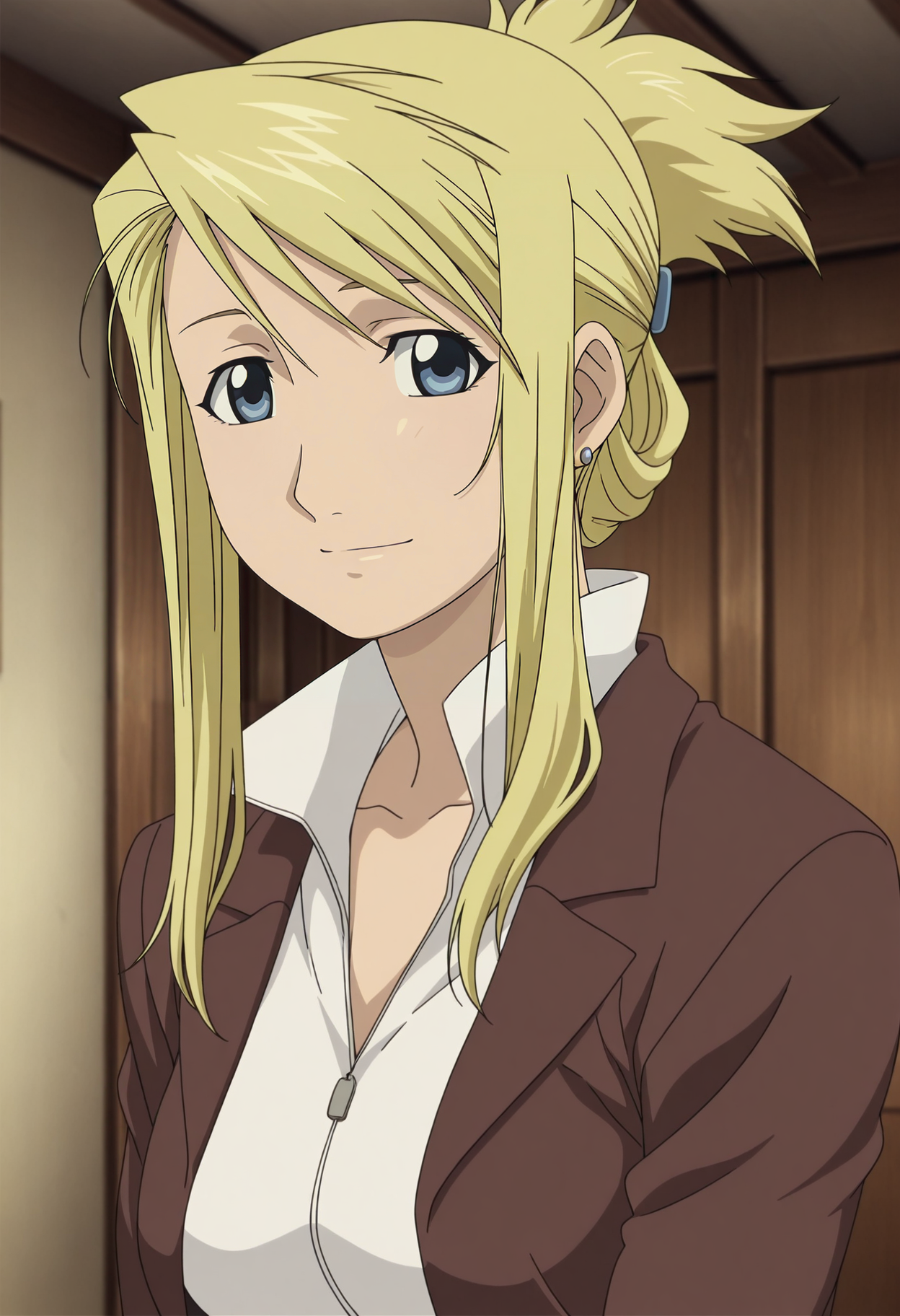 1girl,solo,mm,mature female,blonde hair,blue eyes,folded ponytail,long hair,earrings,jewelry,anime coloring,
brown jacket,white shirt,upper body, looking at viewer, light smile, indoors
,masterpiece,best quality,amazing quality,<lora:Winry_Rockbell-Fullmetal_Alchemist_The_Movie_-_Conqueror_of_Shamballa:0.8>