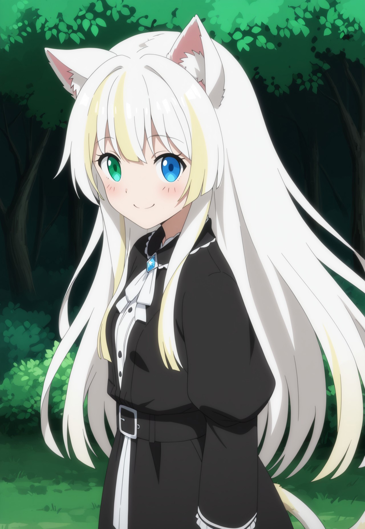 safe_pos, Style: Anime style, original anime style, anime graphics, anime, anime source, clean lines, smooth gradients, smooth shading, typical anime style
BREAK
Quality: , score 9, score 8 high, colorful, highest quality, 8k resolution, high-end resolution, perfect picture, masterpiece
Masterpiece, best quality, anime source, anime colors, detailed details, intricate details, anime scene,
BREAK
Person: Golden highlights!!!, two-tone hair, (Focus on pure White Hair with golden highlights!!! 95% pure White 5%golden) pure white hair, pure white head hair, one person, , extremely short stature, small body, waist-length hair, straight hair, white hair, single golden highlights, single strands, loose hair, white cat ears, detailed eyes, heterochromia (green and blue), white cat tail, thin, very petite, incredibly cute, masterpiece, best quality, very aesthetic, loose long hair falling over the sides of the head, detailed face, petite figure, flat breasts, no bust, no worries
BREAK
Clothing: cude adventure clothing, cute black cloth coat, cloth pants, medieval
BREAK
Setting: outdoors, forest path, shadow in the background
PAUSE
Pose and perspective: standing upright, crooked smile, cheeky pose, front and side view
