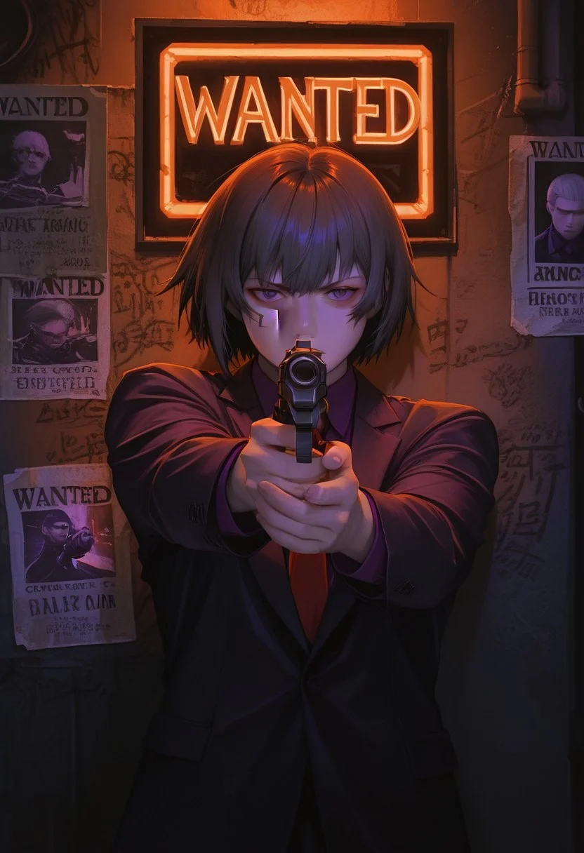 photo of a man, 1boy, solo, anime-art, Art8st, color theory, hyperdetailed, semi-realistic, semi-realism, 1boy, solo, Toji Ide, short hair, black hair, grey hair, purple eyes, black eyes, detailed eyes, serious expression, modern futuristic clothes, cyberpunk, leisure suit, black suit, collared shirt, purple shirt, black blazer, red necktie,
pistol, holding weapon, aiming at viewer, dramatic pose, one arm raised,
neon lighting, black lighting, orange lighting, hard shadow, high contrast, science fiction,
graffiti on wall, wanted poster, urban background, grunge wall, neon signs,
masterpiece, amazing quality, best quality, scenery, anime coloring