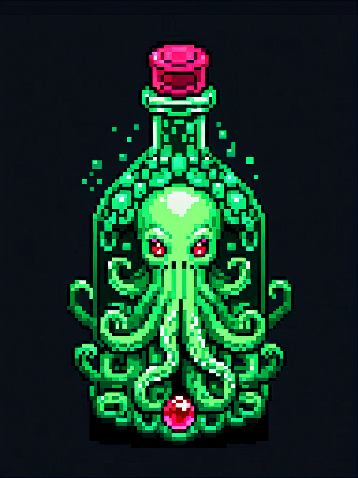 pixel art, cartoon illustration, tentacle green big bottle, lovecraft, Cthulhu, ruby gems, simple black background, game icon