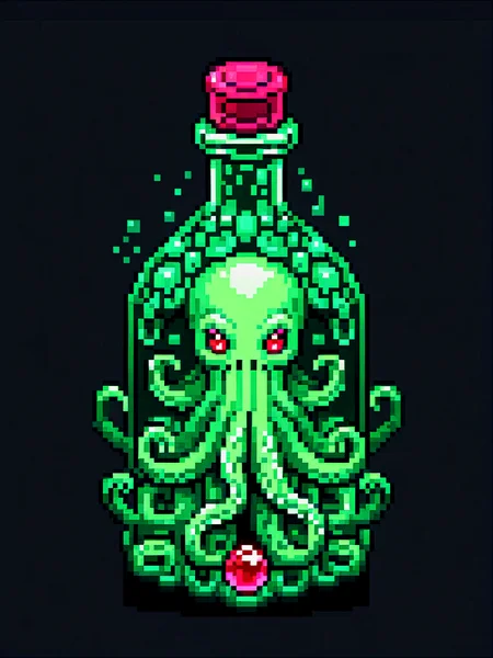 pixel art, cartoon illustration, tentacle green big bottle, lovecraft, Cthulhu, ruby gems, simple black background, game icon