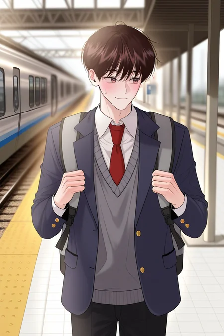 masterpiece, best quality, amazing quality, very aesthetic, high resolution, ultra-detailed, absurdres, newest, scenery, volumetric lighting, depth of field,anime screencap, , , 1boy, solo, male focus,<lora:yoil:0.74>,won yo il,dark brown hair,brown eyes,short hair,shirt,blush, long sleeves, closed mouth, standing, jacket, school uniform,smile, white shirt, necktie, collared shirt,pants, bag, blurry, sweatdrop, looking to the side, blurry background, black pants, backpack, blazer, red necktie,grey sweater vest, holding strap, train station