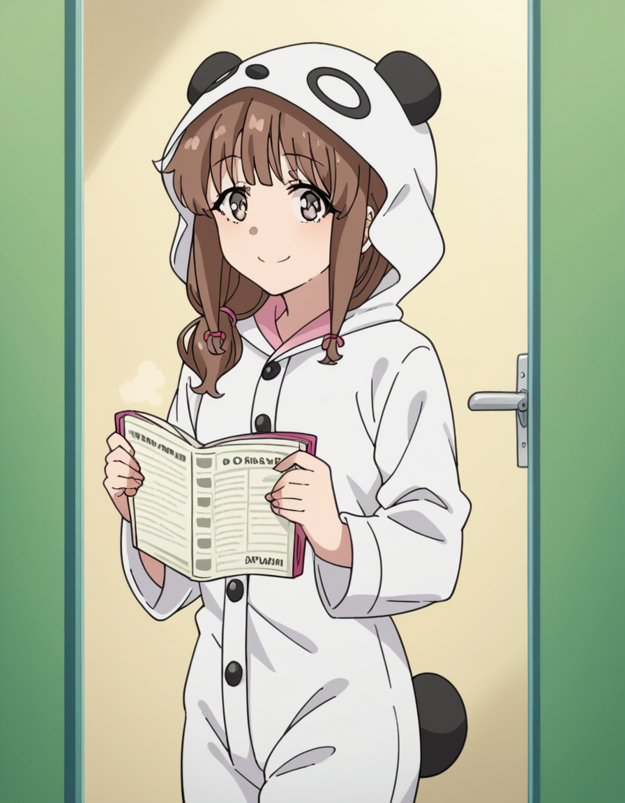 score_9, score_8_up, score_7_up, source_anime, <lora:kaede-azusagawa-s1-ponyxl-lora-nochekaiser:1>, kaede azusagawa, long hair, bangs, brown hair, brown eyes,, animal ears, tail, hood, pajamas, animal hood, animal costume, panda ears,, bookstore, browsing shelves, new book smell, finding a favorite, quiet atmosphere, smile, looking at viewer, solo,, cowboy shot, dutch angle