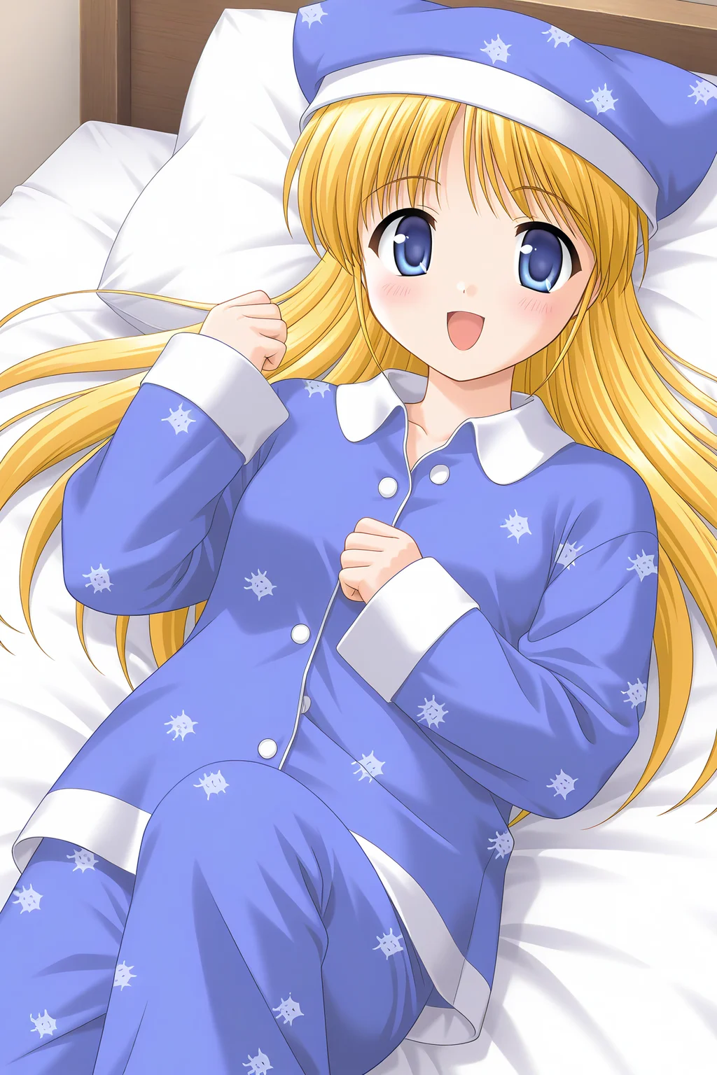 masterpiece, best quality, absurdres, official art, official style, rating general BREAK <lora:leticiaapple_IL_v1-1:0.7>, leticia apple, 1girl, solo, blue eyes, blonde hair, very long hair, small breasts, hair down, pajamas, hat, cat hat, blue headwear, blue shirt, collared shirt, buttons, long sleeves, sleeves past wrists, blue pants, cat print, bed, blush, smile, happy, :d, open mouth, lying, on back, on bed, pillow, looking at viewer, dutch angle, indoors, collarbone, clenched hand, knee up, knees together feet apart