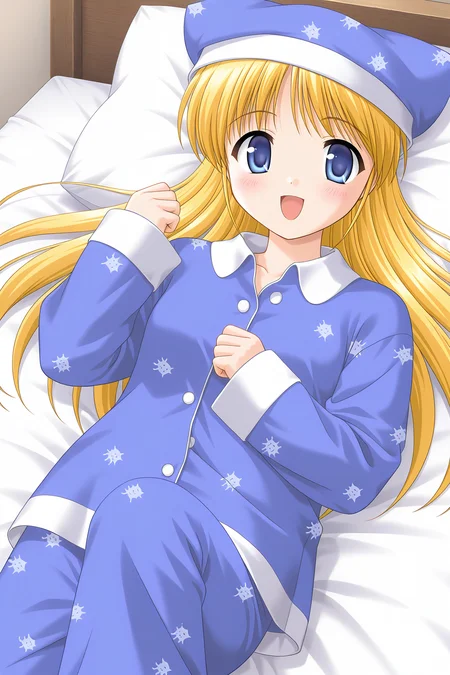 masterpiece, best quality, absurdres, official art, official style, rating general BREAK <lora:leticiaapple_IL_v1-1:0.7>, leticia apple, 1girl, solo, blue eyes, blonde hair, very long hair, small breasts, hair down, pajamas, hat, cat hat, blue headwear, blue shirt, collared shirt, buttons, long sleeves, sleeves past wrists, blue pants, cat print, bed, blush, smile, happy, :d, open mouth, lying, on back, on bed, pillow, looking at viewer, dutch angle, indoors, collarbone, clenched hand, knee up, knees together feet apart