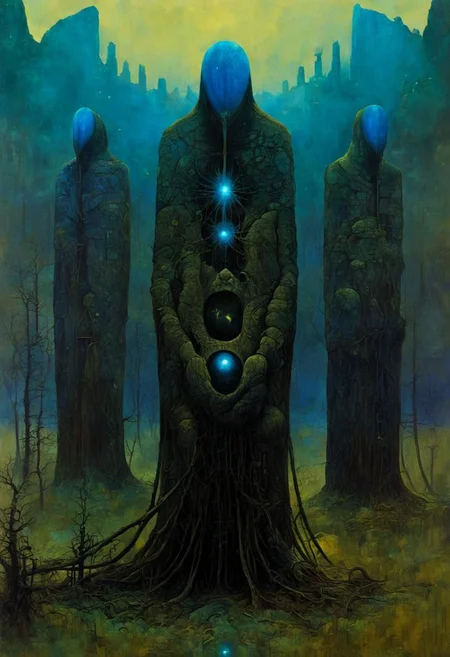 digital artwork of a {fusion of the natural and the surreal in a world of balance between wildlife and technology. Mysterious machines and enigmatic creatures lurk amidst dense foliage and serene lakes. Retrofuturistic technologies set notes of melancholy, making us think about mystical experiences, in a personal interpretation of their narrative}, By (Zdzislaw Beksinski:1.36), detailed background, masterpice, trending on artstation, best quality, 4k textures, ultra detailed