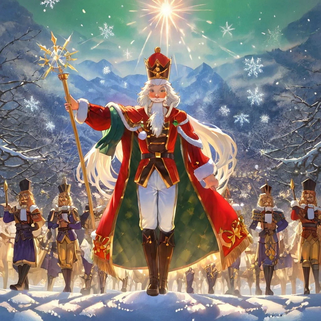 retanime, Mike Deodato, midjourneyv6.1, nutcracker, hyper-detail, hyper-realism, cinematic, intricate detail, detailed background, masterpiece, best quality, high quality, highres, absurdres, very detailed, high resolution, sharp, sharp image, aesthetic, Score_9, score_8_up, score_7_up, score_6, source_anime, vibrant, colorful, retro_artstyle, 1990s_(style), A regal nutcracker wizard standing in the midst of a spellcasting display, exuding both festive charm and arcane power. The wizard is dressed in a richly adorned robe styled after a nutcracker’s uniform, featuring deep reds, greens, and golds with intricate embroidery of snowflakes, holly, and stars. Its tall, pointed hat glows faintly, adorned with tiny ornaments and a shining star at the tip. The nutcracker’s face is stern and focused, with its iconic hinged jaw subtly incorporated into the design. Swirling magical energy surrounds it, forming glowing, translucent snowflakes and radiant ribbons of light in vibrant blues, whites, and golds. The staff it wields is topped with a crystal shaped like a frosted Christmas ornament, emitting a dazzling burst of holiday-themed magic. The background shows a snowy landscape illuminated by the wizard’s spell, with faint silhouettes of nutcracker soldiers rallying in awe of the spectacle. The entire scene radiates a sense of wonder and festive grandeur.