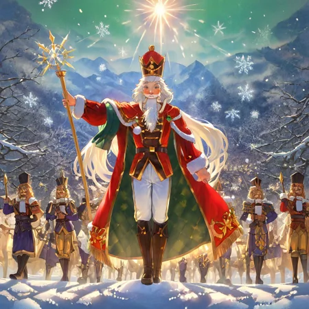 retanime, Mike Deodato, midjourneyv6.1, nutcracker, hyper-detail, hyper-realism, cinematic, intricate detail, detailed background, masterpiece, best quality, high quality, highres, absurdres, very detailed, high resolution, sharp, sharp image, aesthetic, Score_9, score_8_up, score_7_up, score_6, source_anime, vibrant, colorful, retro_artstyle, 1990s_(style), A regal nutcracker wizard standing in the midst of a spellcasting display, exuding both festive charm and arcane power. The wizard is dressed in a richly adorned robe styled after a nutcracker’s uniform, featuring deep reds, greens, and golds with intricate embroidery of snowflakes, holly, and stars. Its tall, pointed hat glows faintly, adorned with tiny ornaments and a shining star at the tip. The nutcracker’s face is stern and focused, with its iconic hinged jaw subtly incorporated into the design. Swirling magical energy surrounds it, forming glowing, translucent snowflakes and radiant ribbons of light in vibrant blues, whites, and golds. The staff it wields is topped with a crystal shaped like a frosted Christmas ornament, emitting a dazzling burst of holiday-themed magic. The background shows a snowy landscape illuminated by the wizard’s spell, with faint silhouettes of nutcracker soldiers rallying in awe of the spectacle. The entire scene radiates a sense of wonder and festive grandeur.