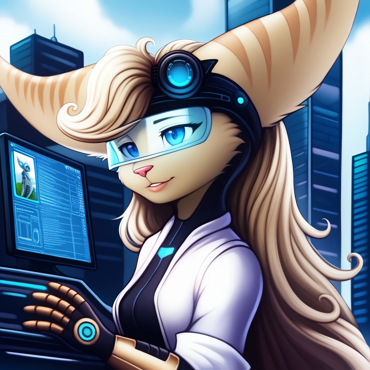1gril, solo. alone, , long ears, tail,, 1girl,  synth , ( very  curly long hair), trending on ArtStation, cartoon, ,perfect, (, science fiction, building, architecture, imaginative, fur with interesting pattens,,)(oc Lombax), long ears, tail,  animal nose,  upper body,, lab coat, gloves, screen visor, 