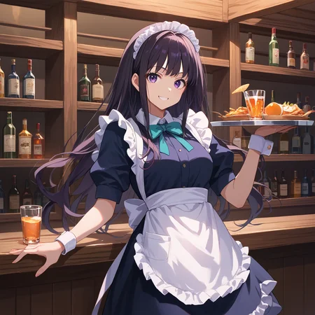 score_9, score_8_up, score_7_up, score_6_up, score_5_up, score_4_up, BREAK source_anime, look at viewer, rating_safe, 1girl, solo, bar, masterpiece, best quality, high detailed skin, inoue takina, long hair, black hair, purple eyes, maid, maid headdress, maid apron, pantyhose, holding tray, smiling, bowtie,