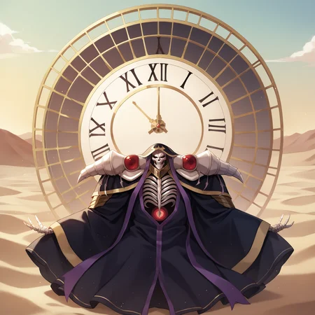 score_9, score_8_up, score_7_up, score_6_up, source_anime, best quality, masterpiece, colorful, very aesthetic, anime, BREAK <lora:Ainz_Ooal_Gown:1> ainz ooal gown, skeleton, lich, dark robe, red dot eyes, overlord, so-bin style, the goal of all life is death, large clock behind back, roman numerals on clock, spread arms, outdoors, sand, desert, lifeless