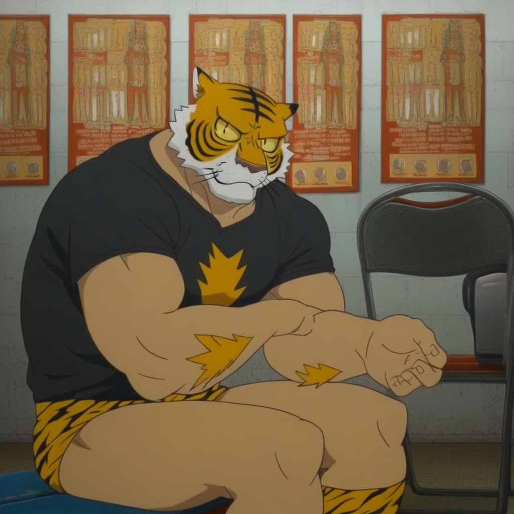 1boy, orange fur, indoors, user interface, tiger print, black shirt, animal print, furry male, whiskers, muscular