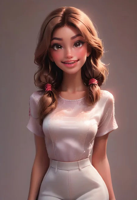 score_9, score_8_up, score_7_up, score_6_up, 18 years old, straight hair, low ponytails, big smile, flirty grin, perfect face, cropped_satin_teeshirt, glossy lips, turning to face viewer, head tilt, 1 girl, perky, looking at viewer, adorable, petite body, cowboy shot, looking at viewer, round face, 18 years old, cutest girl in the world, cowboy shot