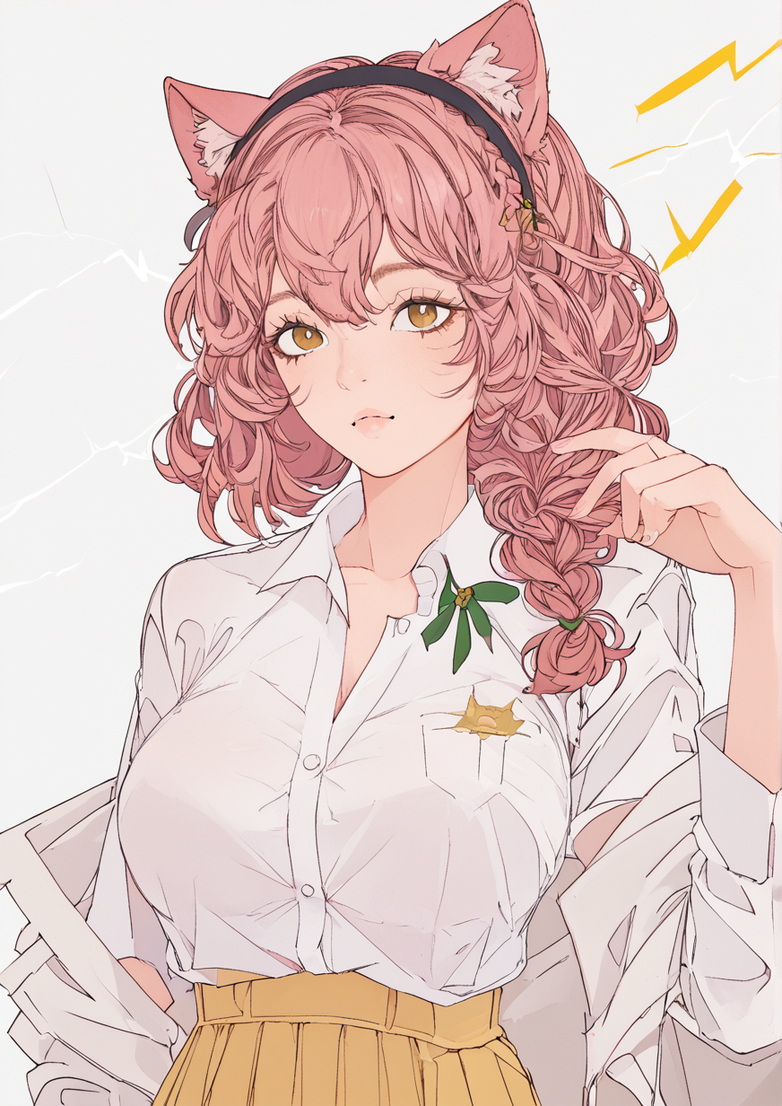 1girl, goldenglow (arknights), huge breast, animal ears, black hairband, bow, braid, brown eyes, cat ears, cat girl, cat tail, collared shirt, dress shirt, green bow, hair between eyes, hair bow, hair over shoulder, hairband, hand up, jacket, lightning bolt print, long hair, long sleeves, looking at viewer, open clothes, open jacket, pink hair, pleated skirt, print hairband, shirt, single braid, skirt, solo, tail, upper body, white jacket, white shirt, yellow skirt, <lora:EllieMaplefox:1>
