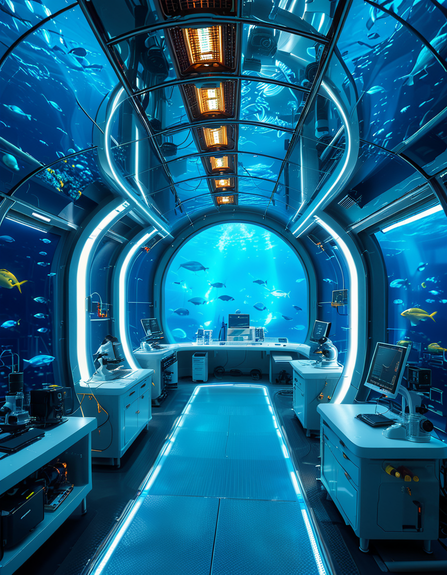 A futuristic underwater research laboratory,underwater research l4b0r4t0ry, located deep beneath the ocean's surface, surrounded by vibrant marine life and illuminated by soft, bioluminescent lighting. The laboratory features large, reinforced glass domes offering a panoramic view of the surrounding blue abyss, with schools of colorful fish and rays of sunlight filtering through the water above. Inside, advanced scientific equipment, glowing computer screens, and researchers in modern wetsuits or lab coats are visible, conducting experiments. The structure is sleek and metallic, with curved, aerodynamic designs to withstand water pressure. Coral reefs and marine plants grow nearby, adding natural beauty. The lighting is a mix of cool, bluish tones, with faint yellow lights from the laboratory windows creating a contrast. The atmosphere is calm yet futuristic, with a focus on scientific exploration and harmony with the marine environment.
<lora:SDXLFaeTastic2400:0.4> <lora:extremely_detailed:0.4> extremely detailed, <lora:underwater_research_l4b0r4t0ry:1>